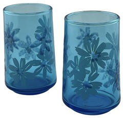 2 Vintage 1970’s Blue Flowered Juice Glasses Shades Of Blue Flowers 4″ Tall