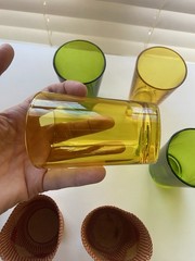Yellow Green Set 4 Juice Cocktail Glasses Vintage Woven Boho Coaster Sleeves