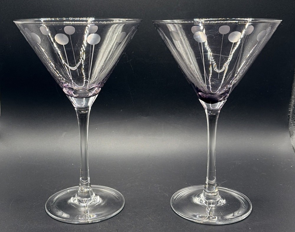 2 Vtg Mikasa Cheers Pastel Blown Lavender Bowl/Cut Dots 8 Oz Martini Glasses EUC