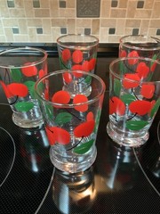 Vintage 1960s Juice Tumblers Libbey Cherry Set of 6 Cherries Pressed Glass