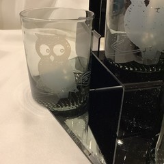 MCM Smoke Gray 4” On The Rocks Glass Owl on Branch w/Moon Stars – Set of 8