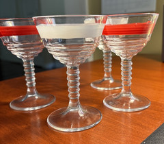 Four Vintage Red &White Frosted Striped Wine Cordials Glasses Stems MCM