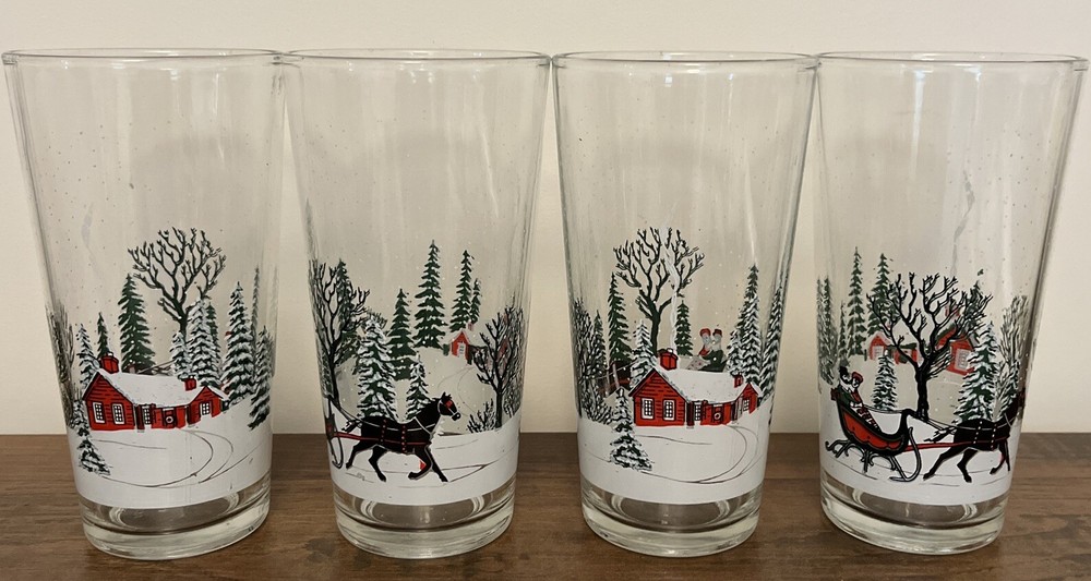 VTG KIG Indonesia Christmas Glasses 4 Cottage with Horse Drawn Sleigh Snow Trees