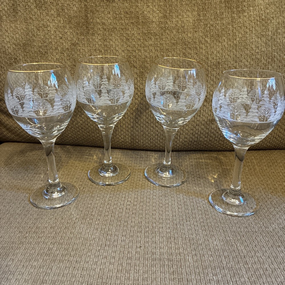 4 ARBY’S 8″ Wine Goblets Frosted Christmas Winter Snow Pine Trees Gold Rim #1