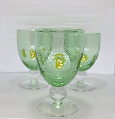 Set Of 3 Green Seeded Bubble Glass Goblets With Lemon Slices & Clear Ball Stem