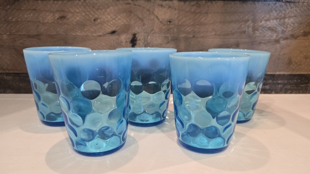 Vintage Set of 5 EAPG Dugan Coinspot Inverted Thumbprint Glasses Turquoise Blue