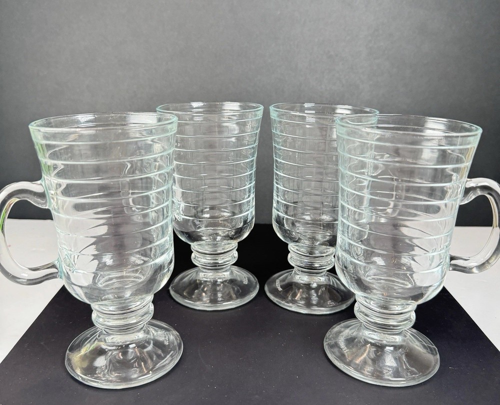 VTG Irish Coffee Mugs Ribbed Glass Pedestal Set Of 4 5.75 In Made In Portugal