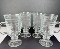 VTG Irish Coffee Mugs Ribbed Glass Pedestal Set Of 4 5.75 In Made In Portugal