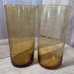 🧡Vintage Amber Floral Etched Glasses– Set of 4 –Mid-Century Barware / Drinkware