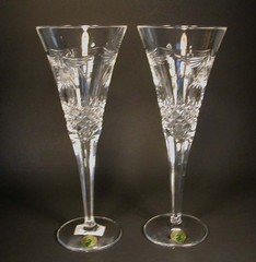 2 Waterford Crystal Millennium Champagne Flutes Peace Cut Dove 9.25″ H. Stickers