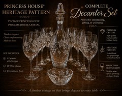 Vintage Princess House Heritage Crystal Decanter Set 10 Wine Glasses & Bowl 12pc