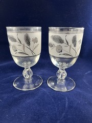 Vintage MCM Libbey Silver Wildflower & Wheat Frosted Pedestal Goblets~Set Of 2