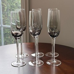 Crackle Glass Champagne Flutes Smoke Gray Pier 1 Clear Stem Set of 6 EUC Barware
