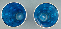 Vintage 5″ Blue Frosted Tumbler Set Hand Painted Enamel Flowers with Gold Trim