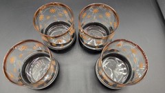 Sakura-4- Ribbed Low Ball Glasses MCM Retro Black Gold Atomic Star Burst