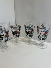 Vintage Oneida Crimson Bloom Hand Painted Hand Blown Floral Ice Tea Glass Set 4