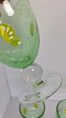 Set Of 3 Green Seeded Bubble Glass Goblets With Lemon Slices & Clear Ball Stem