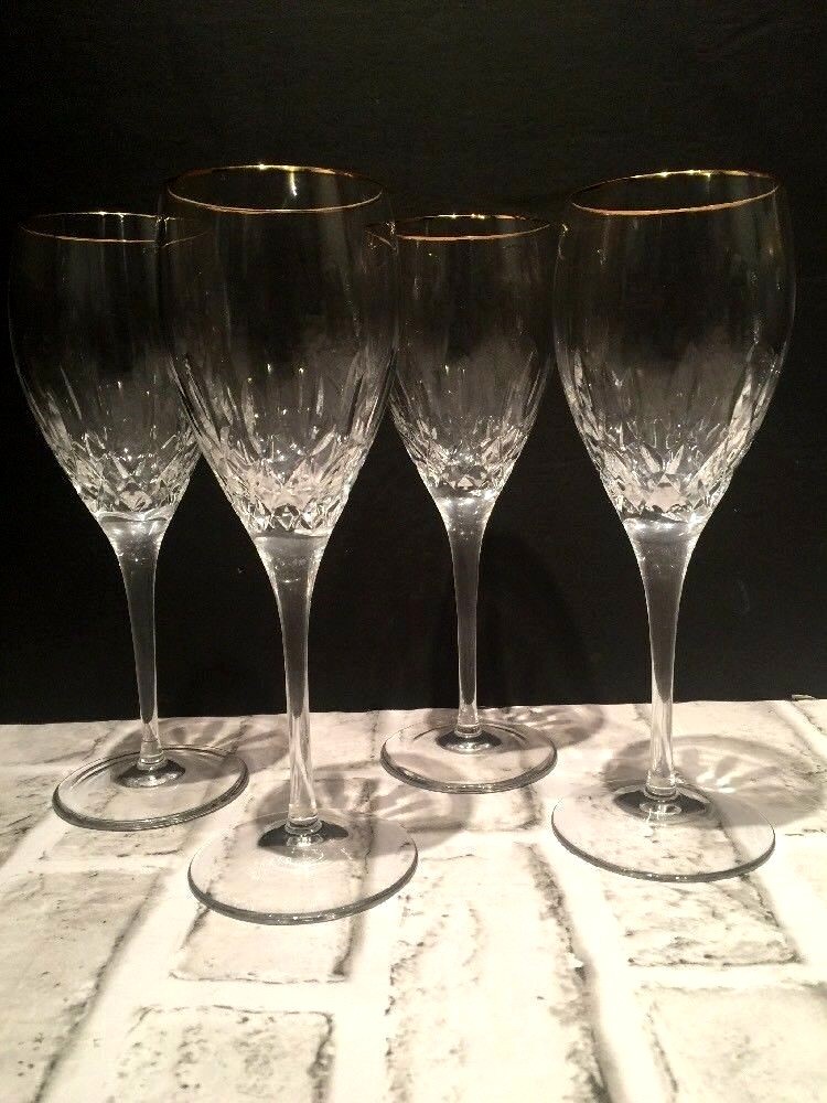 Set of 4 Rogaska Miller 8 1/4″ Inch Memoir Gold Trim Wine Glasses Signed