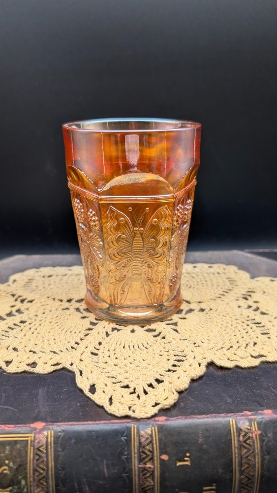 Vintage Fenton Marigold Iridescent Butterfly and Berry Carnival Glass Tumbler