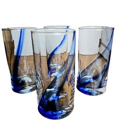 Libby Blown Glass Highball Iced Tea Tumblers Cobalt Blue Swirl Dimple Sign Crisa