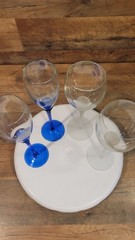 Vintage Set Of 4 Romanian White Cobalt Blue Petal Stem Champagne Flutes 9″-10″