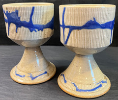 Two Vintage Studio Pottery Blue & Gray Wine Goblets Stoneware
