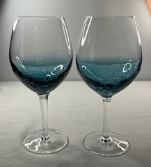 Pier 1 Crackle Teal Blue Balloon Red Wine Glasses Goblets, x2