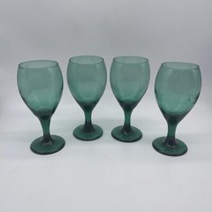 Vintage Set Of 4 Libbey Juniper Green Gold Rimmed Teardrop Wine Glass Goblet
