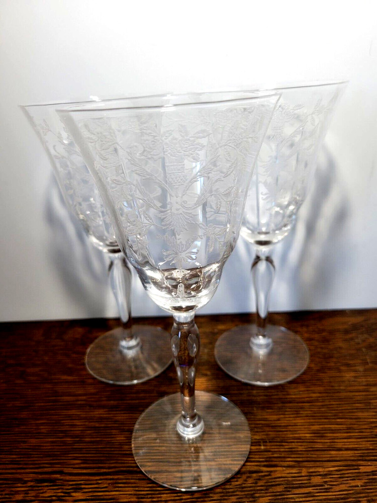 Morgantown Lace Bouquet Clear Stemmed Water Glasses Etched Floral Roses Set 0f 3