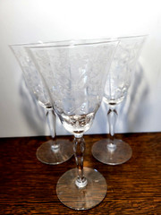 Morgantown Lace Bouquet Clear Stemmed Water Glasses Etched Floral Roses Set 0f 3