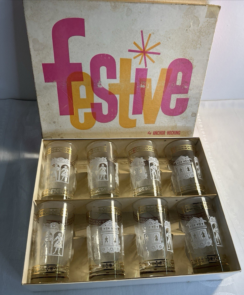 MCM Anchor Hocking Festive Dutch Print 5″ Glasses Set of 8 in Box