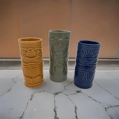 Three Tiki Polynesian Ceramic Totem Tumblers Vintage Barware Blue Gold Green