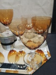 (9) Water Goblets glasses 5-1/4″, Bryce co crystal & amber Delhi stem 946 rare