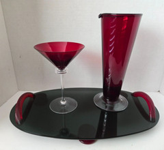 Union Street Studios Glass Art Red Cocktail Set Tray, Mixer, Martini Glass
