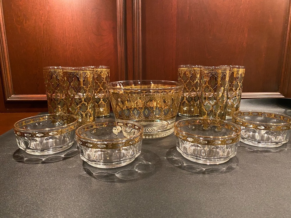 Culver Valencia 22k Gold Ice Bucket, Flat Tumblers & Small Fruit Dessert Bowls