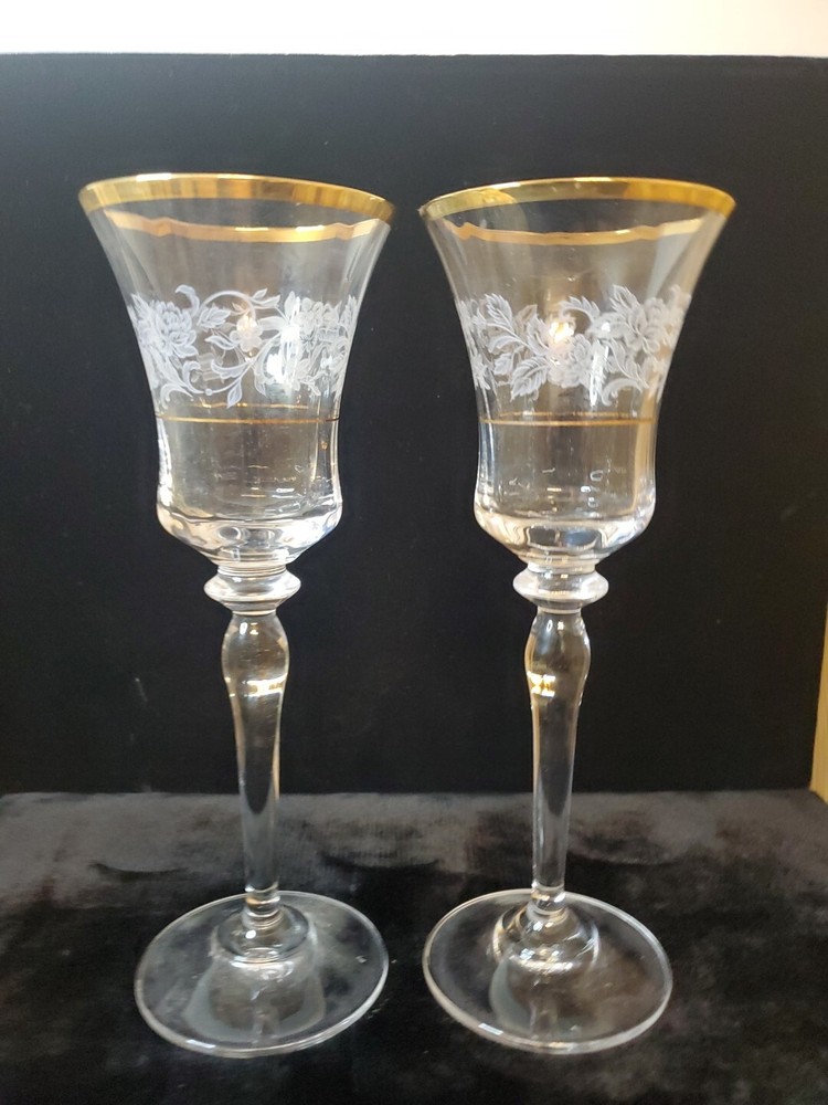 2 Mikasa Antique Lace Wine Glass Stems Gold Trim Goblets 8.5″H ECU Holiday DW678