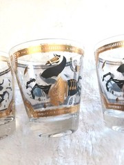 Fred Press Glasses Lowball Cocktail Black Gold Trojan Horse Set Of 3 Vintage