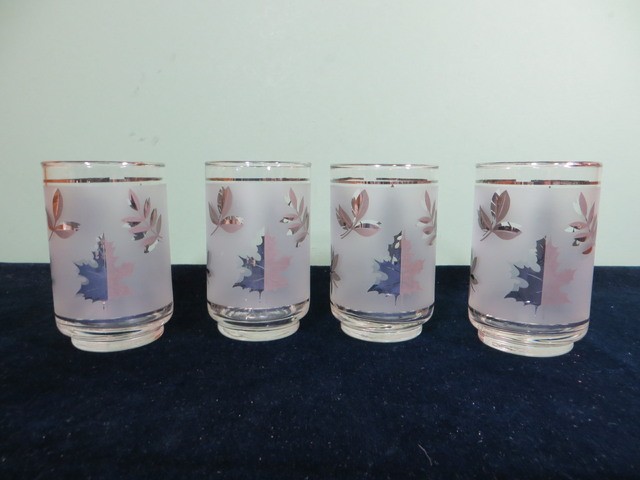 Set of 4 Silver Leaf Libbey 4 1/2″ Glass Tumblers Frosted Silver Band 12 Oz MCM