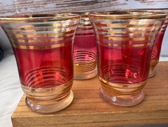 Vintage Set of 6 Cordial Liqueur Glasses 3 1/8 Cranberry Pink Flashed, Gold Gilt