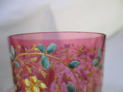 Lot of 2 Moser Bohemian Raised Gold Enamel Rose Berry Scrollwork Cranberry Glass