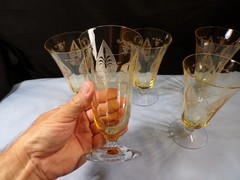 Set of 5 Fostoria Topaz Yellow Glass Trojan Ice Iced Tea Goblets Footed Tumblers