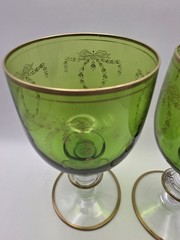 2 Green Glass Goblets Gilded Rims Gold Decoration Art Nouveau