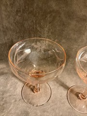 1930s Lancaster glass pink champagne Sherbet stem Pair cut floral design