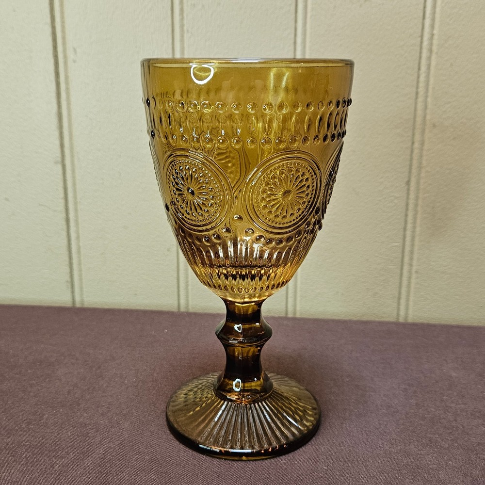 1 Robert Stanley Taupe Amber Glass Goblet Bar & Circle Pattern 10 oz 6 5/8” Tall