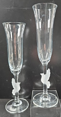 2) Gorham Amore Dove Fluted Champagne Glass Set Elegant Clear Frost Stemware Lot