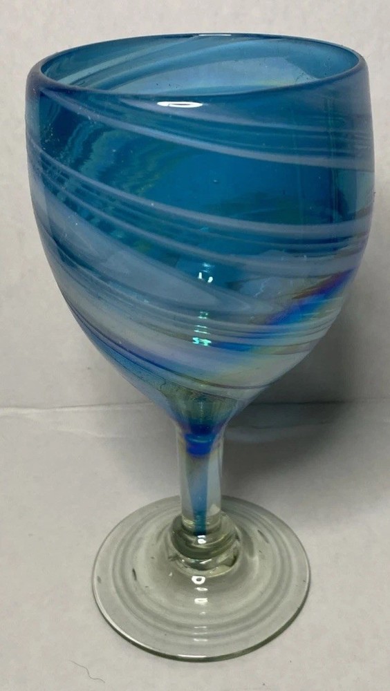 Mexican Hand Blown Aqua Iridescent Swirl Wine Goblet Glass