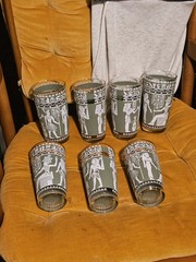 Vintage Glass Green Egyptian Print Tumblers Set Of 7