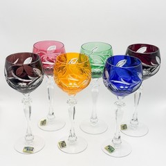 Vintage Lausitzer Cut To Clear Cased Glass Crystal Wine Hock Glasses Grapes x6