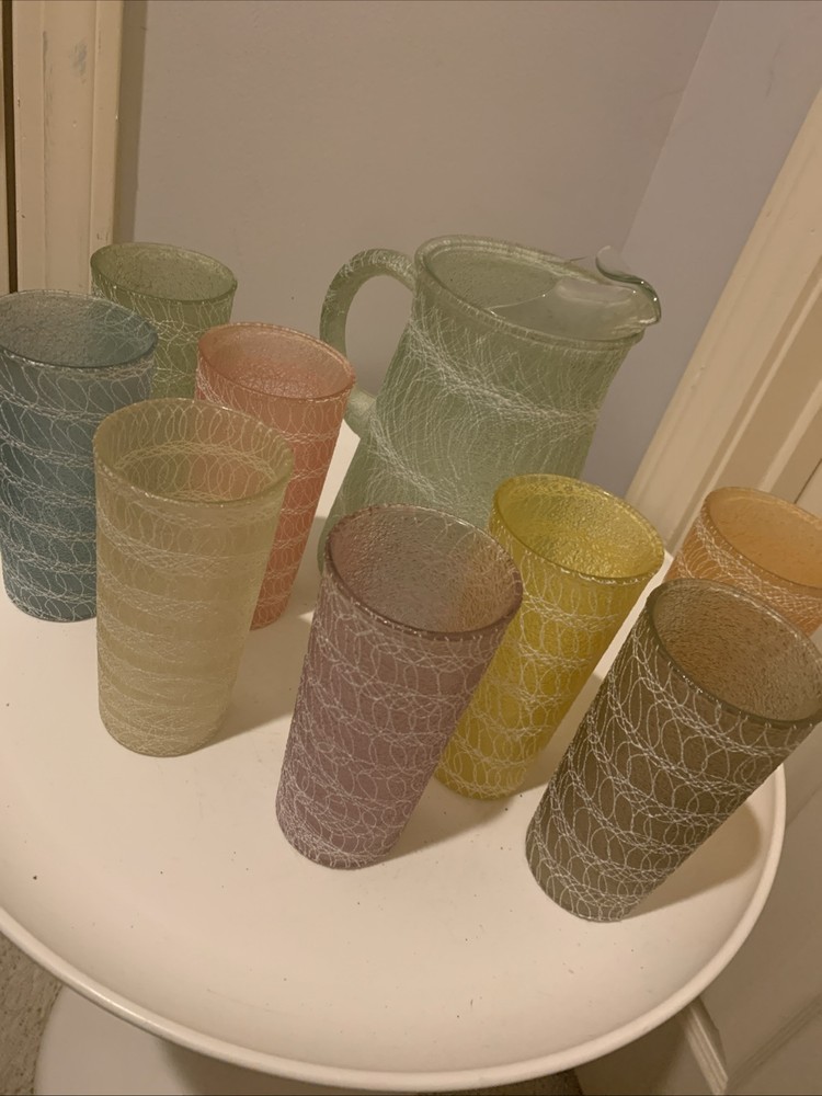 VTG MCM Glass Spaghetti String Bar Set Pitcher & 8 Tumblers Multicolor