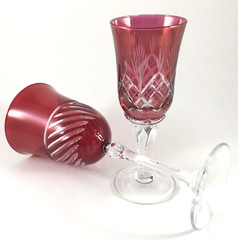 2 Red Goblets Czech Art Glass Cut to Clear 4oz & 8oz Bohemian Stemmed Cranberry